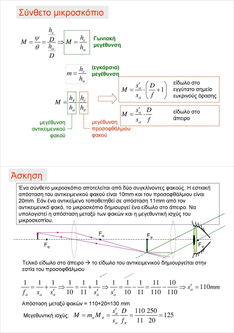 Εάν έν ντικείμενο τοοετηεί σε όστση mm ό τον ντικειμενικό φκό, το μικροσκόιο δημιουργεί έν είδωλο στο άειρο.