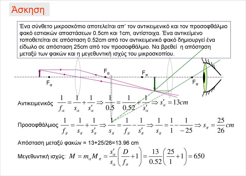 52cm ό τον ντικειμενικό φκό δημιουργεί έν είδωλο σε όστση 25cm ό τον ροσοφάλμιο.