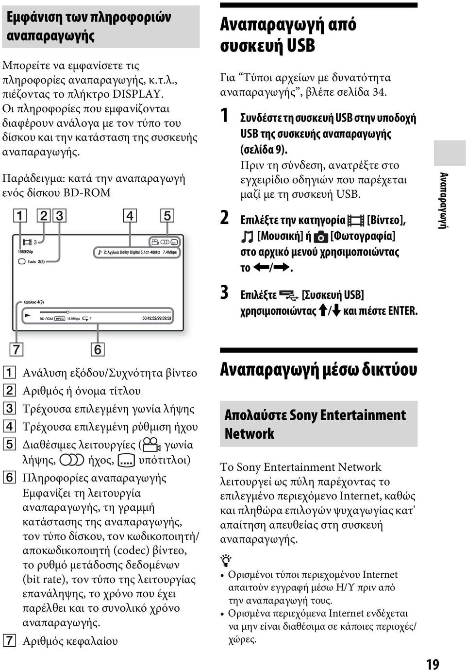 Παράδειγμα: κατά την αναπαραγωγή ενός δίσκου BD-ROM Αναπαραγωγή από συσκευή USB Για Τύποι αρχείων με δυνατότητα αναπαραγωγής, βλέπε σελίδα 34.