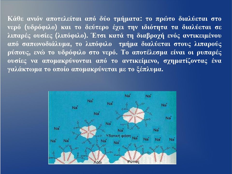 Έτσι κατά τη διαβροχή ενός αντικειµένου από σαπωνοδιάλυµα, το λιπόφιλο τµήµα διαλύεται στους λιπαρούς