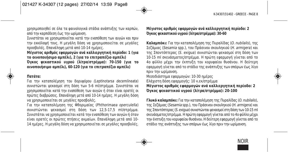 Μέγιστος αριθμός εφαρμογών ανά καλλιεργητική περίοδο: 1 (για το οινοποιήσιμο αμπέλι), 2 (για το επιτραπέζιο αμπέλι) Όγκος ψεκαστικού υγρού (λίτρα/στρέμμα): 70-150 (για το οινοποιήσιμο αμπέλι), 60-120