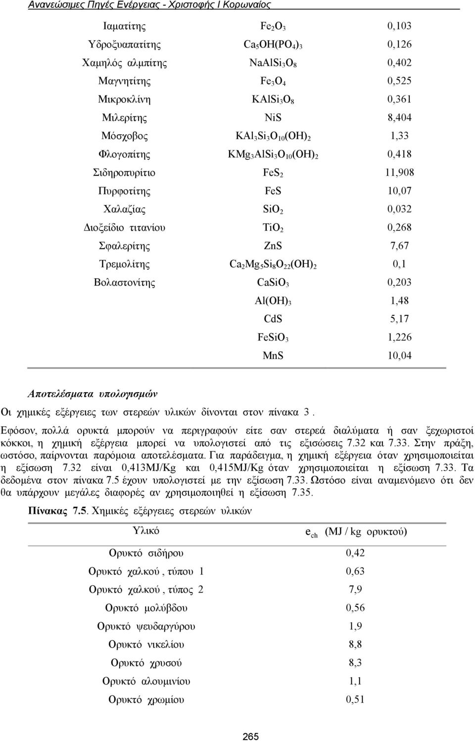 0,268 Σφαλερίτης ZnS 7,67 Τρεμολίτης Ca 2 Mg 5 Si 8 O 22 (OH) 2 0,1 Βολαστονίτης CaSiO 3 0,203 Al(OH) 3 1,48 CdS 5,17 FeSiO 3 1,226 MnS 10,04 Αποτελέσματα υπολογισμών Οι χημικές εξέργειες των στερεών