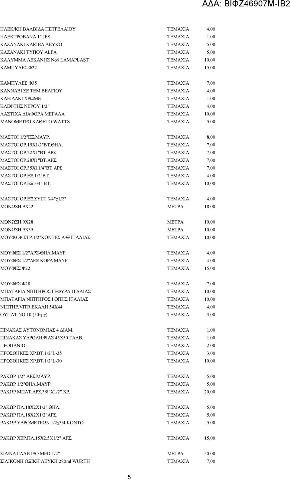 ΤΕΜΑΧΙΑ 5,00 ΜΑΣΤΟΙ 1/2"ΕΞ.ΜΑΥΡ. ΤΕΜΑΧΙΑ 8,00 ΜΑΣΤΟΙ ΟΡ.15Χ1/2"ΒΤ.ΘΗΛ. ΤΕΜΑΧΙΑ 7,00 ΜΑΣΤΟΙ ΟΡ.22Χ1"ΒΤ.ΑΡΣ. ΤΕΜΑΧΙΑ 7,00 ΜΑΣΤΟΙ ΟΡ.28Χ1"ΒΤ.ΑΡΣ. ΤΕΜΑΧΙΑ 7,00 ΜΑΣΤΟΙ ΟΡ.35Χ11/4"BT AΡΣ ΤΕΜΑΧΙΑ 7,00 ΜΑΣΤΟΙ ΟΡ.