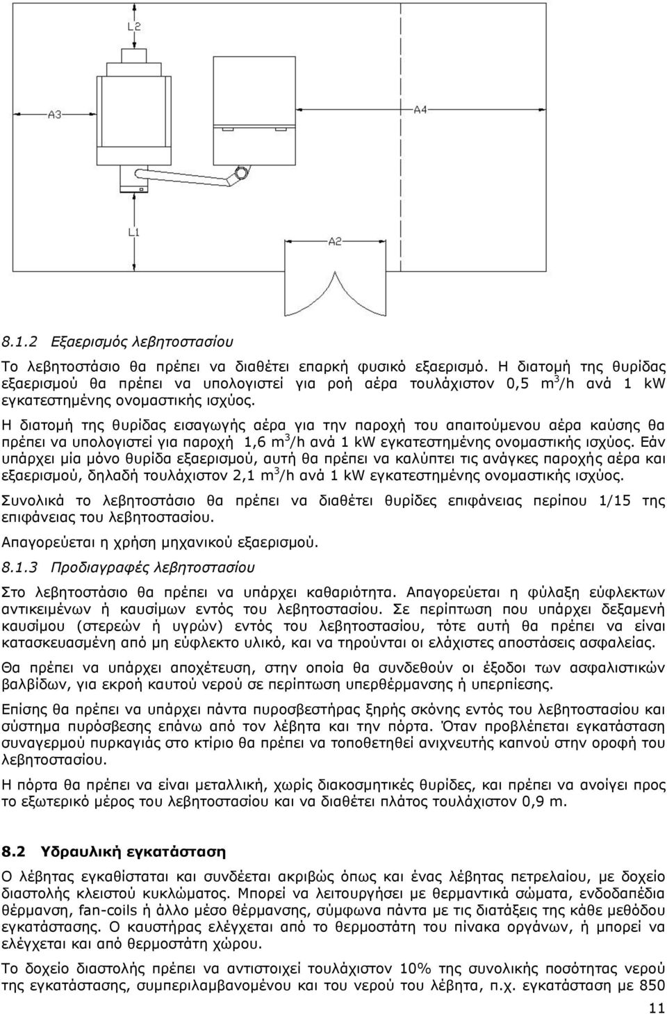 Η διατομή της θυρίδας εισαγωγής αέρα για την παροχή του απαιτούμενου αέρα καύσης θα πρέπει να υπολογιστεί για παροχή 1,6 m 3 /h ανά 1 kw εγκατεστημένης ονομαστικής ισχύος.