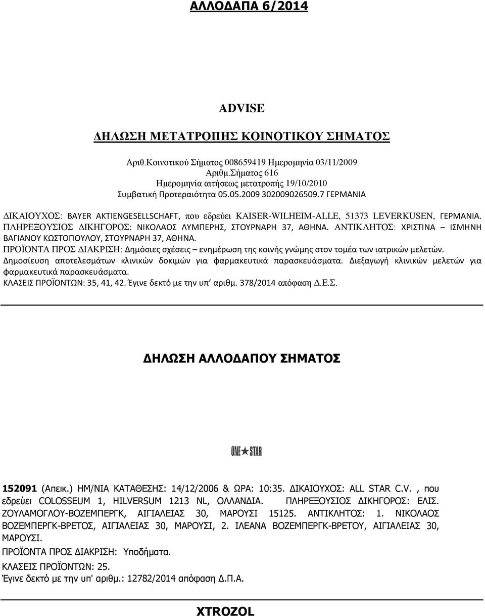 7 ΓΕΡΜΑΝΙΑ ΔΙΚΑΙΟΥΧΟΣ: BAYER AKTIENGESELLSCHAFT, που εδρεύει KAISER-WILHEIM-ALLE, 51373 LEVERKUSEN, ΓΕΡΜΑΝΙΑ. ΠΛΗΡΕΞΟΥΣΙΟΣ ΔΙΚΗΓΟΡΟΣ: ΝΙΚΟΛΑΟΣ ΛΥΜΠΕΡΗΣ, ΣΤΟΥΡΝΑΡΗ 37, ΑΘΗΝΑ.