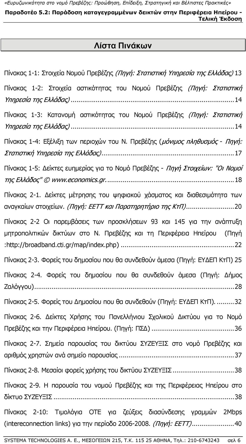 Πρεβέζης (μόνιμος πληθυσμός - Πηγή: Στατιστική Υπηρεσία της Ελλάδας)... 17 Πίνακας 1-5: είκτες ευημερίας για το Νομό Πρεβέζης - Πηγή Στοιχείων: "Οι Νομοί της Ελλάδος" www.economics.gr.... 18 Πίνακας 2-1.