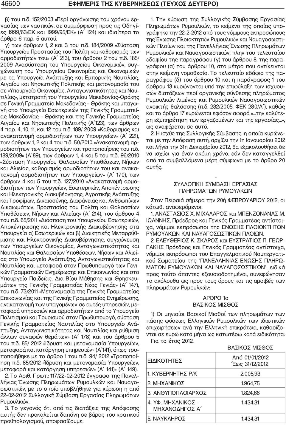 γί ες 1999/63/ΕΚ και 1999/95/ΕΚ» (Α 124) και ιδιαίτερα το άρθρο 6 παρ. 5 αυτού. γ) των άρθρων 1, 2 και 3 του π.δ. 184/2009 «Σύσταση Υπουργείου Προστασίας του Πολίτη και καθορισμός των αρμοδιοτήτων του» (Α 213), του άρθρου 2 του π.