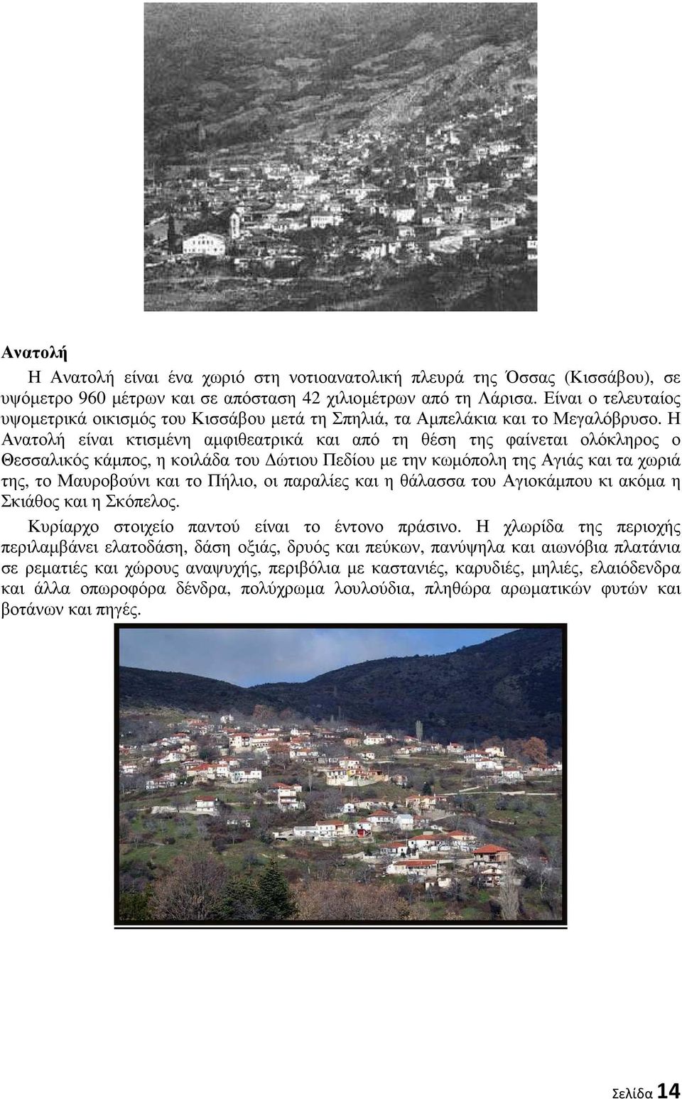 Η Ανατολή είναι κτισµένη αµφιθεατρικά και από τη θέση της φαίνεται ολόκληρος ο Θεσσαλικός κάµπος, η κοιλάδα του ώτιου Πεδίου µε την κωµόπολη της Αγιάς και τα χωριά της, το Μαυροβούνι και το Πήλιο, οι