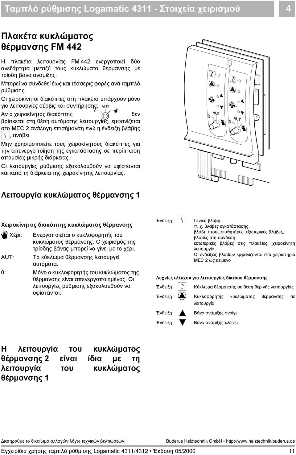 Αν ο χειροκίνητος διακόπτης B δεν βρίσκεται στη θέση αυτόµατης λειτουργίας, εµφανίζεται στο MEC 2 ανάλογη επισήµανση ενώ η ένδειξη βλάβης 0, ανάβει.