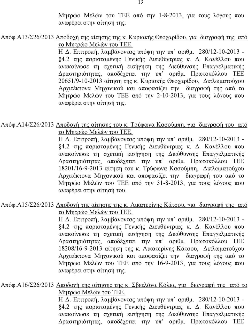 Πρωτοκόλλου ΤΕΕ 20651/9-10-2013 αίτηση της κ.