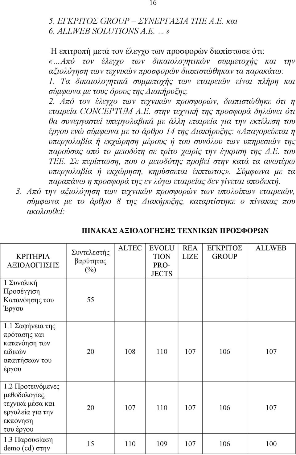 στην τεχνική της προσφορά δηλώνει ότι θα συνεργαστεί υπεργολαβικά με άλλη εταιρεία για την εκτέλεση του έργου ενώ σύμφωνα με το άρθρο 14 της Διακήρυξης: «Απαγορεύεται η υπεργολαβία ή εκχώρηση μέρους