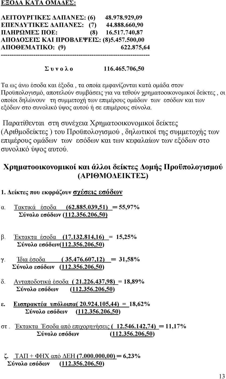 706,50 Τα ως άνω έσοδα και έξοδα, τα οποία εμφανίζονται κατά ομάδα στον Προϋπολογισμό, αποτελούν συμβάσεις για να τεθούν χρηματoοικονομικοί δείκτες, οι οποίοι δηλώνουν τη συμμετοχή των επιμέρους