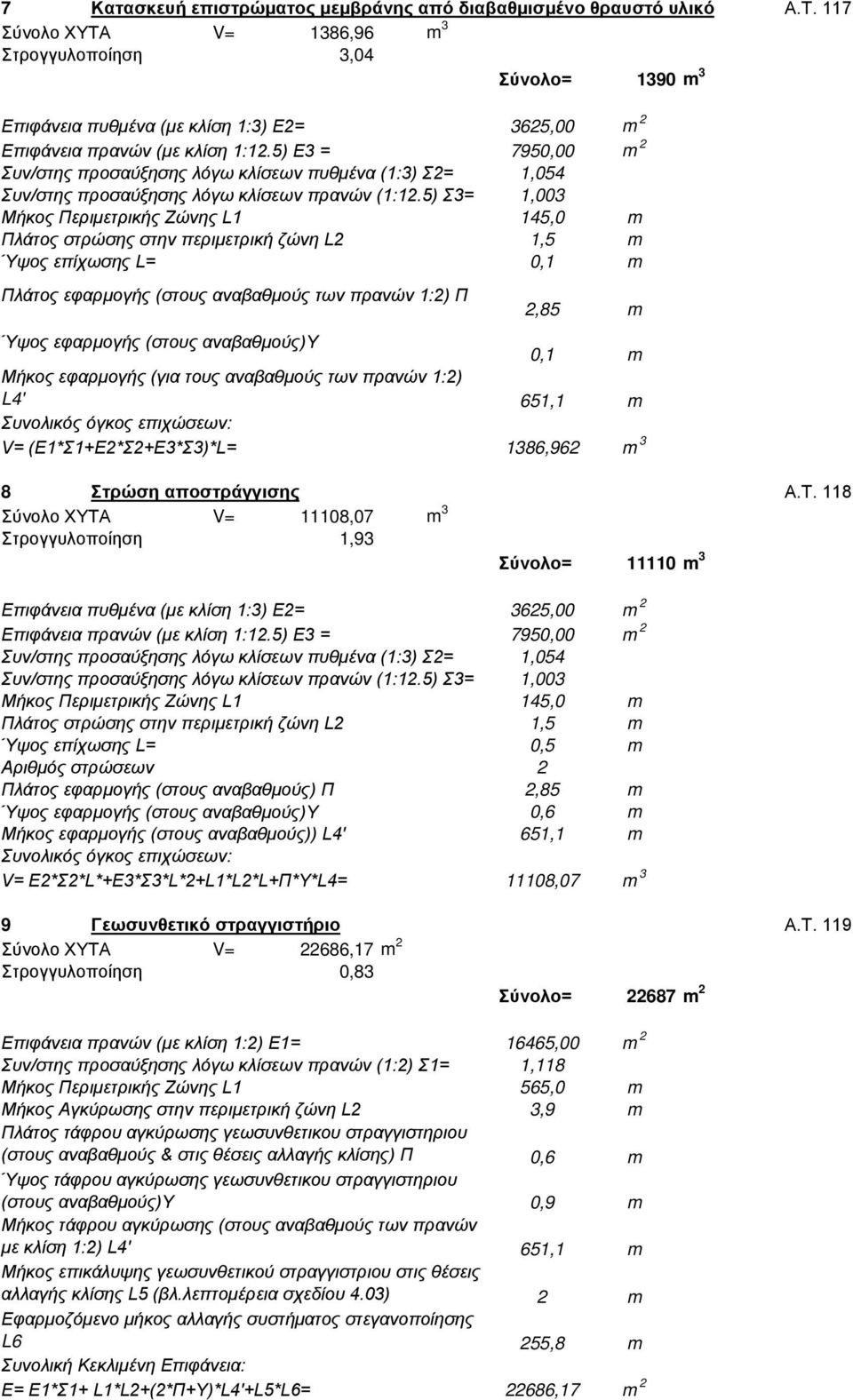 5) Ε3 = 7950,00 m 2 Συν/στης προσαύξησης λόγω κλίσεων πυθμένα (1:3) Σ2= 1,054 Συν/στης προσαύξησης λόγω κλίσεων πρανών (1:12.