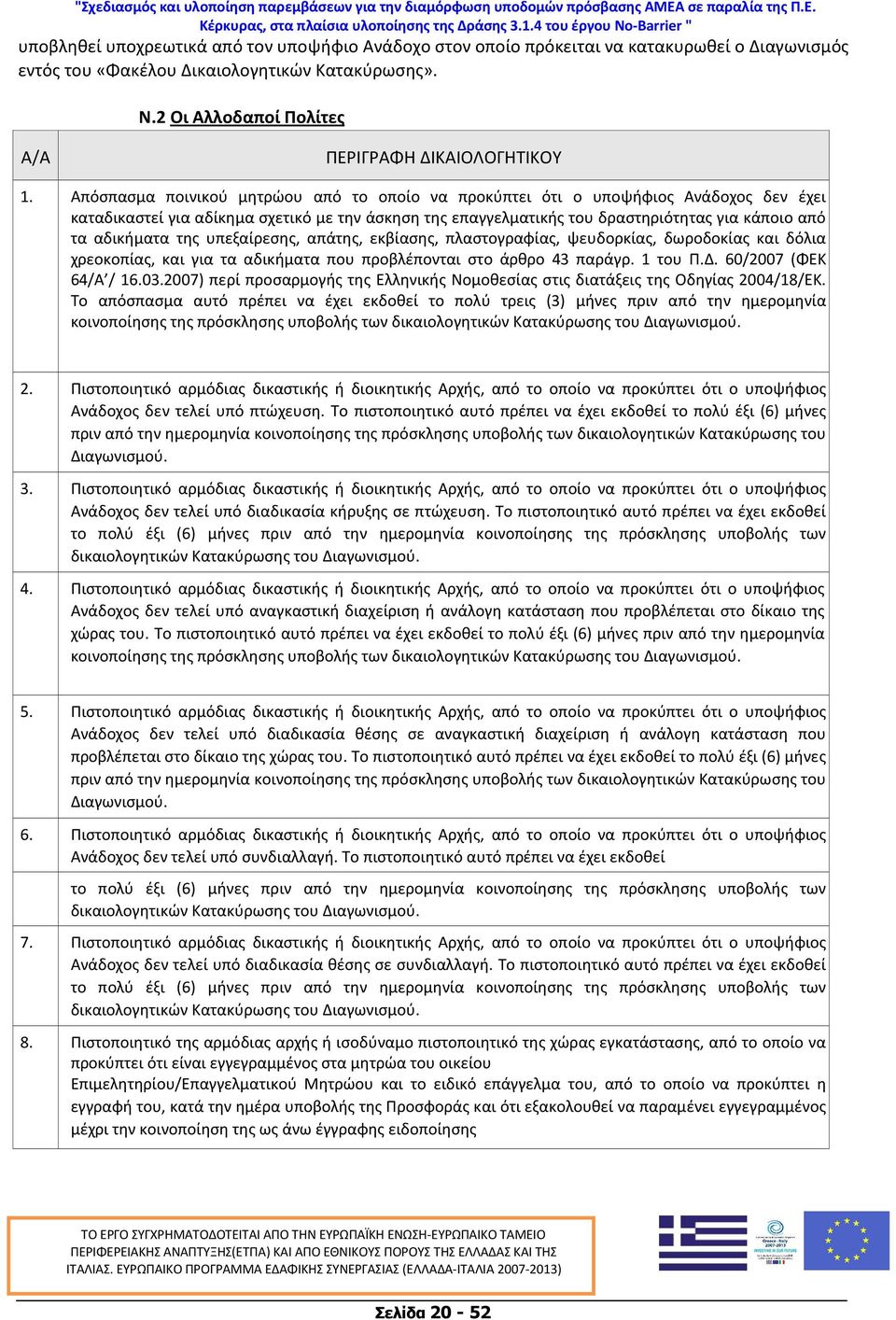 Απόσπασμα ποινικού μητρώου από το οποίο να προκύπτει ότι ο υποψήφιος Ανάδοχος δεν έχει καταδικαστεί για αδίκημα σχετικό με την άσκηση της επαγγελματικής του δραστηριότητας για κάποιο από τα αδικήματα