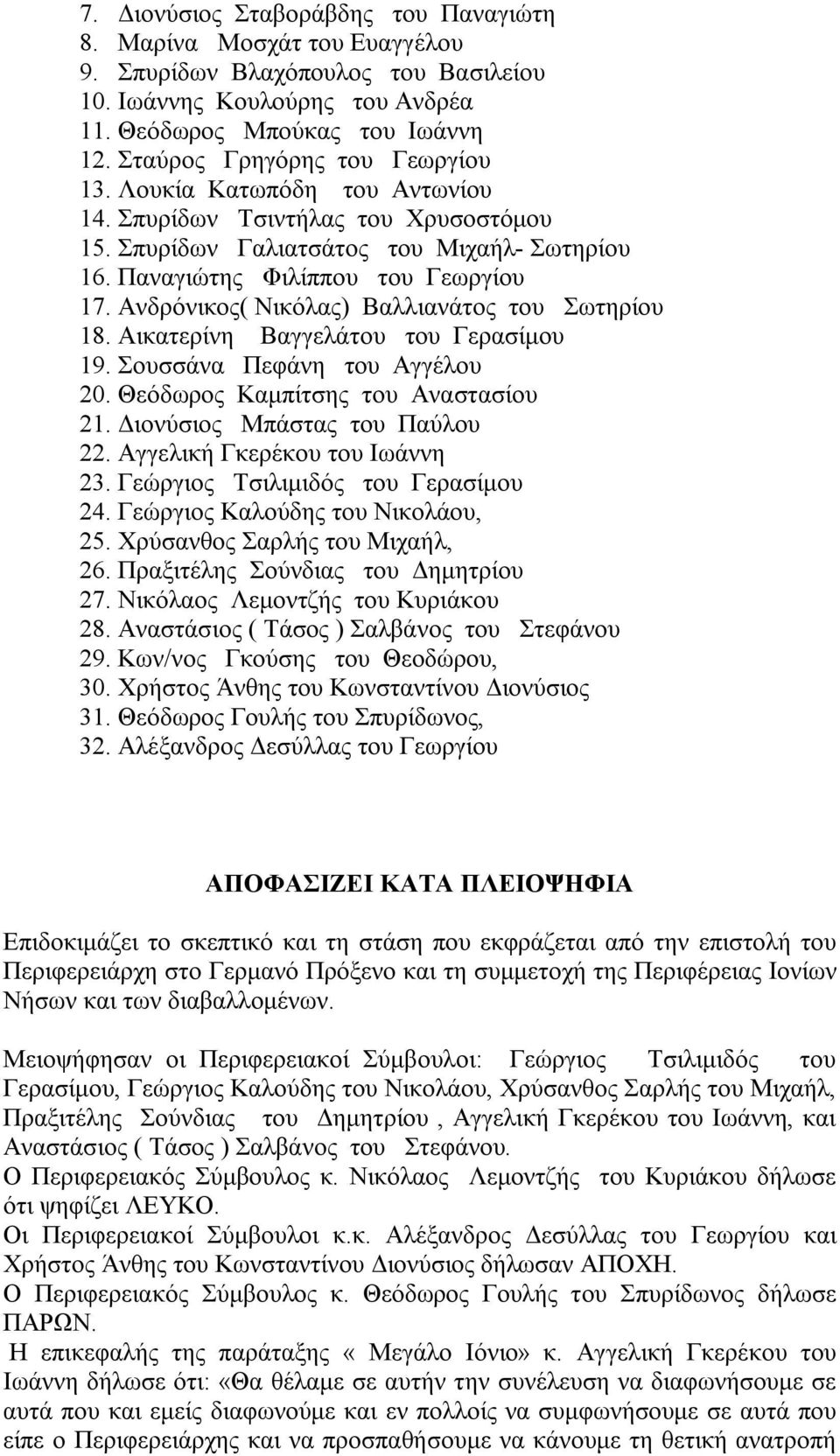 Ανδρόνικος( Νικόλας) Βαλλιανάτος του Σωτηρίου 18. Αικατερίνη Βαγγελάτου του Γερασίμου 19. Σουσσάνα Πεφάνη του Αγγέλου 20. Θεόδωρος Καμπίτσης του Αναστασίου 21. Διονύσιος Μπάστας του Παύλου 22.