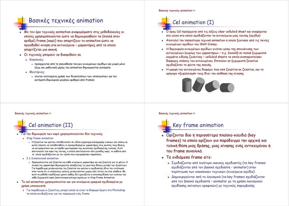 Οι τεχνικές µπορούν να διακριθούν σε Κλασσικές: προέρχονται από τη σκηνοθεσία ταινιών κινουµένων σχεδίων και µικρό µόνο (έως και µηδενικό) µέρος του animation δηµιουργείται αυτόµατα Μοντέρνες: