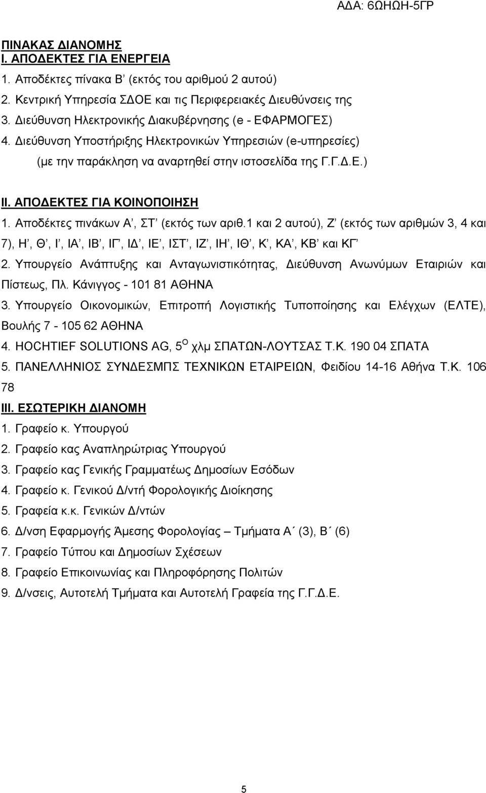 ΑΠΟΔΕΚΤΕΣ ΓΙΑ ΚΟΙΝΟΠΟΙΗΣΗ 1. Αποδέκτες πινάκων Α, ΣΤ (εκτός των ριθ.1 κι 2 υτού), Ζ (εκτός των ριθμών 3, 4 κι 7), Η, Θ, Ι, ΙΑ, ΙΒ, ΙΓ, ΙΔ, ΙΕ, ΙΣΤ, ΙΖ, ΙΗ, ΙΘ, Κ, ΚΑ, ΚΒ κι ΚΓ 2.