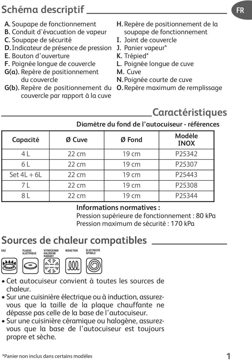 Repère de positionnement du couvercle par rapport à la cuve Caractéristiques Diamètre du fond de l autocuiseur - références Informations normatives : Pression supérieure de fonctionnement : 80 kpa