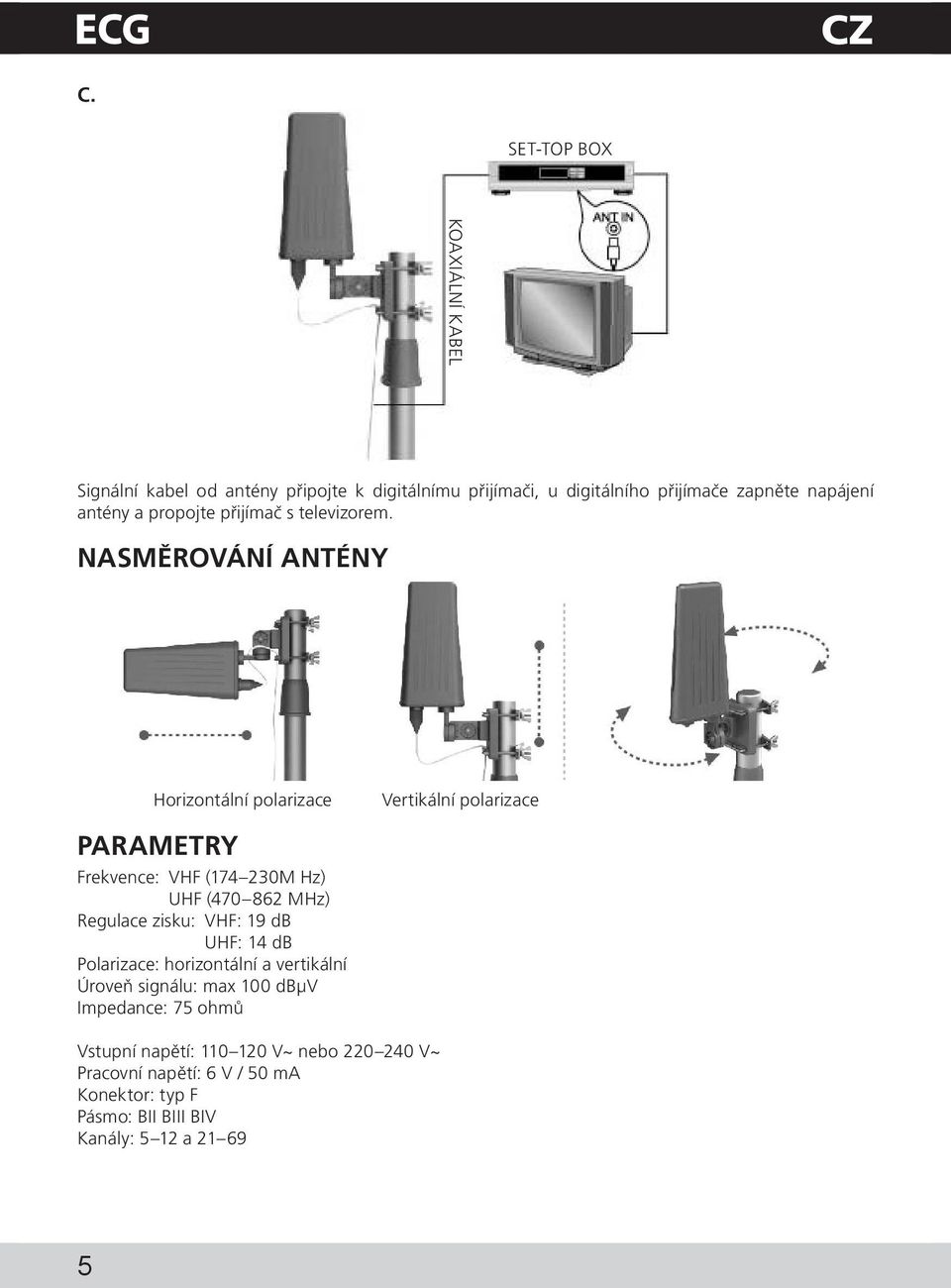 Nasmμrovαnν antιny Horizontαlnν polarizace Vertikαlnν polarizace Parametry Frekvence: VHF (174 230M Hz) UHF (470 862 MHz) Regulace zisku: