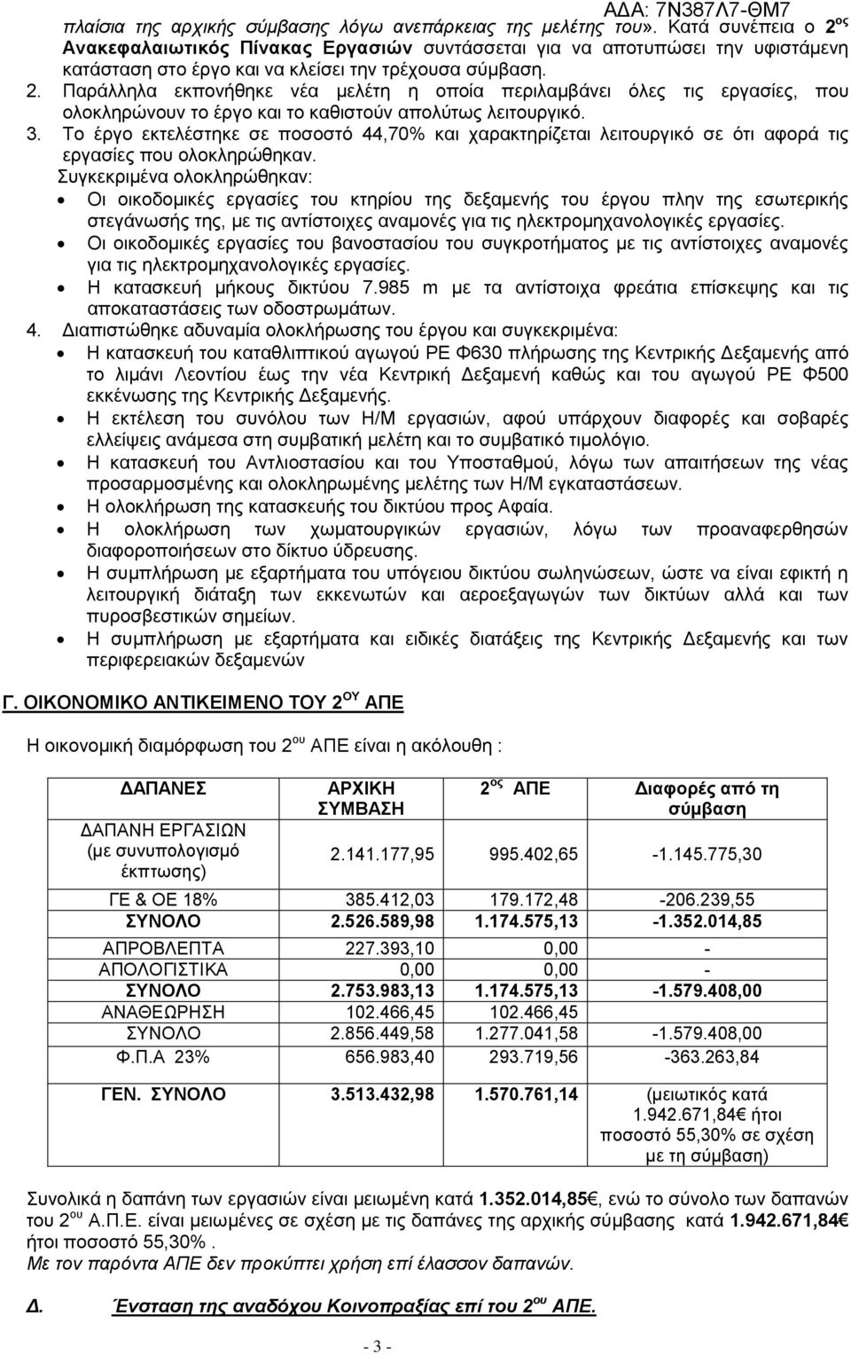 3. Το έργο εκτελέστηκε σε ποσοστό 44,70% και χαρακτηρίζεται λειτουργικό σε ότι αφορά τις εργασίες που ολοκληρώθηκαν.