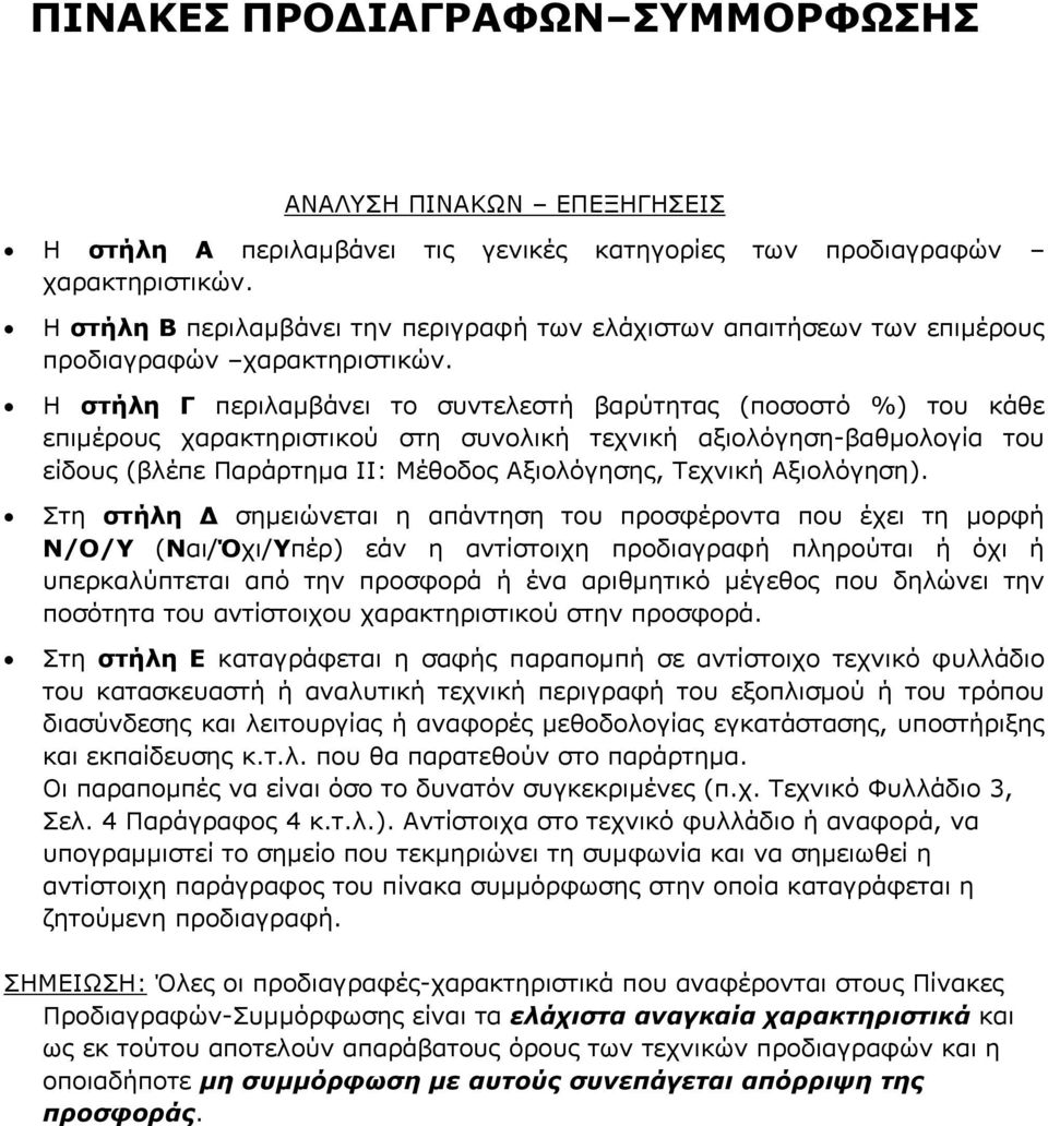 Η στήλη Γ περιλαµβάνει το συντελεστή βαρύτητας (ποσοστό %) του κάθε επιµέρους χαρακτηριστικού στη συνολική τεχνική αξιολόγηση-βαθµολογία του είδους (βλέπε Παράρτηµα ΙΙ: Μέθοδος Αξιολόγησης, Τεχνική