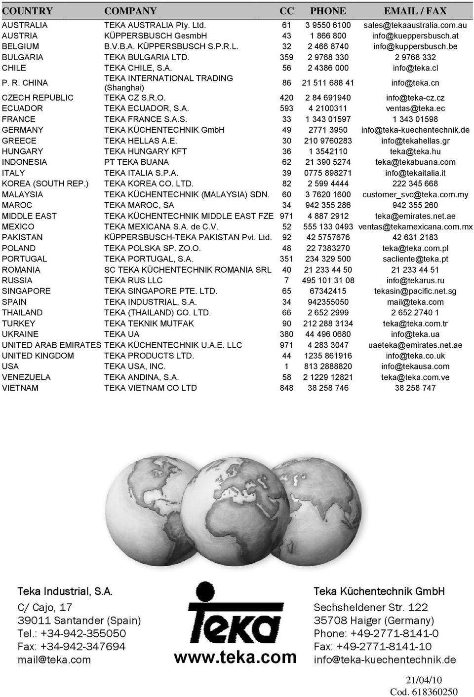 P.A. ITALY TEKA KOREA CO. C LTD. KOREA (SOUT REP.) NTECNIK (ALAYSIA) SD DN. ALAYSIA TEKA AROC, SA AROC NTECNIK IDDLE EAST FZE IDDLE EAST TEKA EXICAN NA S.A. de C.V.