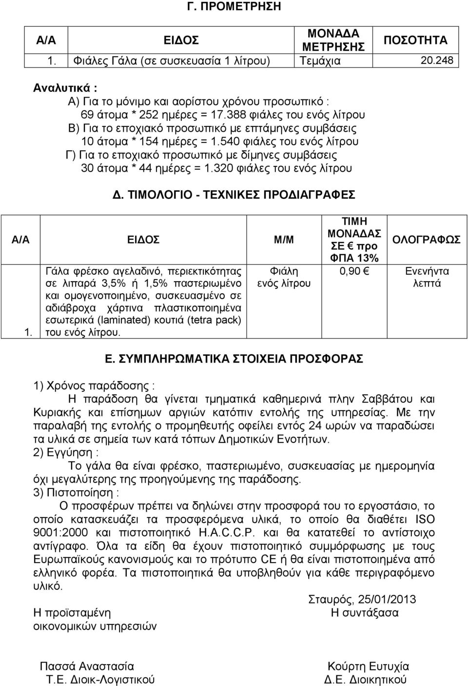 540 θηάιεο ηνπ ελφο ιίηξνπ Γ) Γηα ην επνρηαθφ πξνζσπηθφ κε δίκελεο ζπκβάζεηο 30 άηνκα * 44 εκέξεο = 1.320 θηάιεο ηνπ ελφο ιίηξνπ Γ. ΣΙΜΟΛΟΓΙΟ - ΣΔΥΝΙΚΔ ΠΡΟΓΙΑΓΡΑΦΔ Α/Α ΔΙΓΟ Μ/Μ 1.