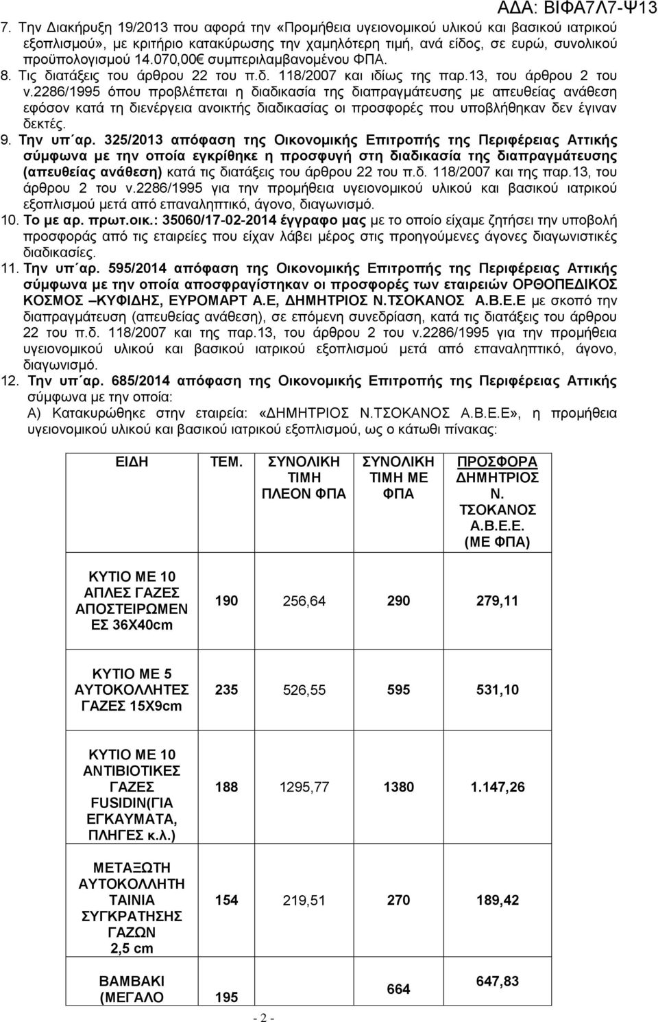 2286/1995 όπου προβλέπεται η διαδικασία της διαπραγμάτευσης με απευθείας ανάθεση εφόσον κατά τη διενέργεια ανοικτής διαδικασίας οι προσφορές που υποβλήθηκαν δεν έγιναν δεκτές. 9. Την υπ αρ.