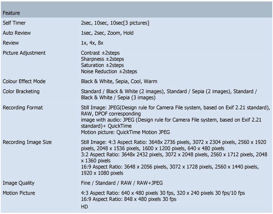 Format Still Image: JPEG(Design rule for Camera File system, based on Exif 2.21 standard), RAW, DPOF corresponding image with audio: JPEG (Design rule for Camera File system, based on Exif 2.