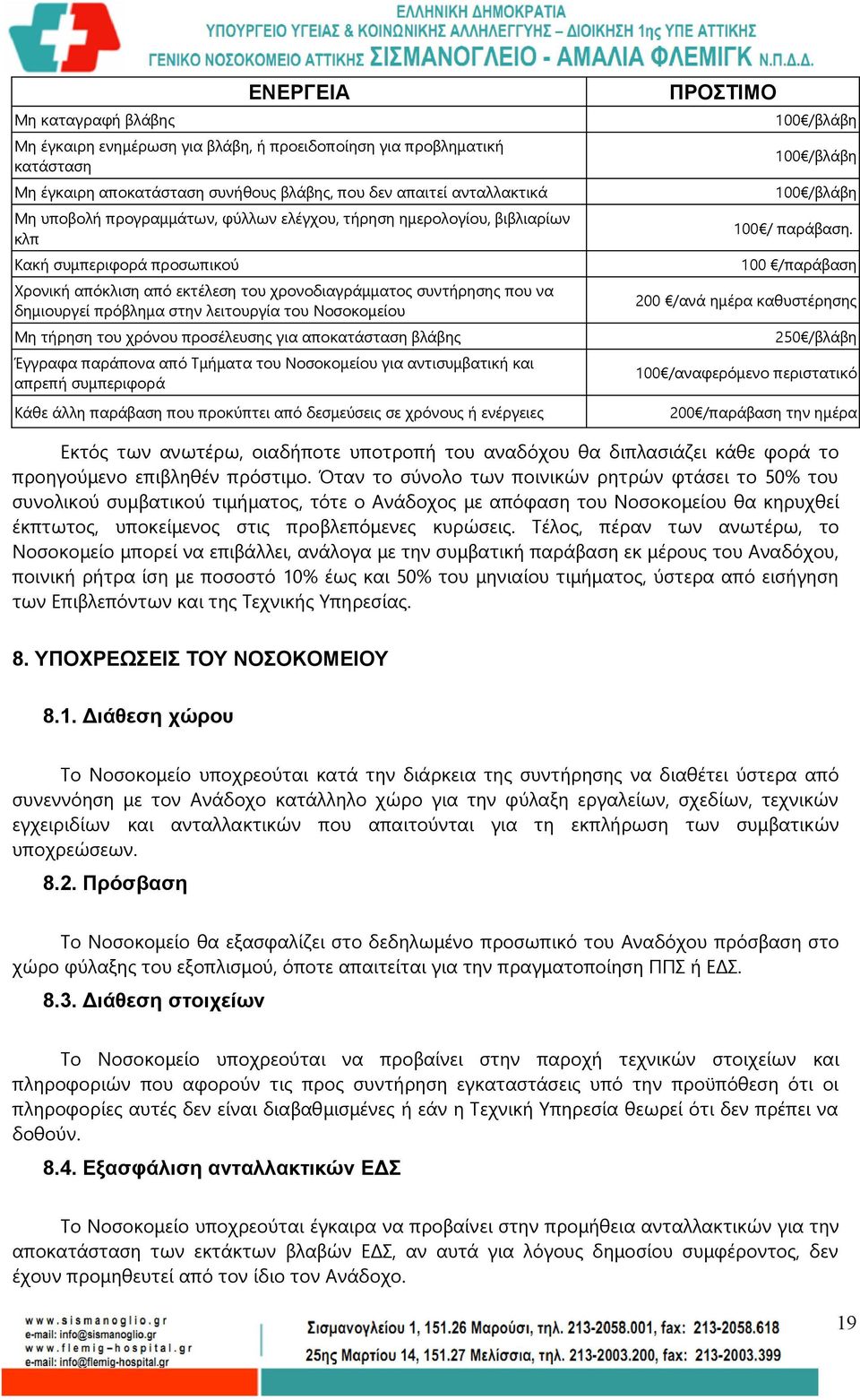 Νοσοκομείου Μη τήρηση του χρόνου προσέλευσης για αποκατάσταση βλάβης Έγγραφα παράπονα από Τμήματα του Νοσοκομείου για αντισυμβατική και απρεπή συμπεριφορά Κάθε άλλη παράβαση που προκύπτει από