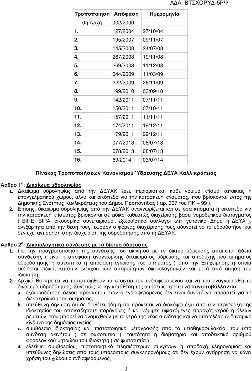 69/2014 03/07/14 2 Ηµεροµηνία Πίνακας Τροποποιήσεων Κανονισµού Ύδρευσης ΕΥΑ Καλλικράτειας Άρθρο 1 ο : ικαίωµα υδροληψίας 1.