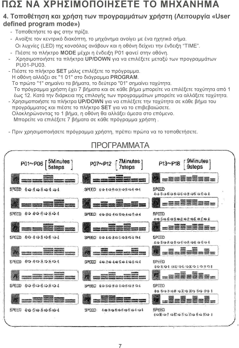 - Πιέστε το πλήκτρο MODE μέχρι η ένδειξη P01 φανεί στην οθόνη. - Χρησιμοποιήστε τα πλήκτρα UP/DOWN για να επιλέξετε μεταξύ των προγραμμάτων PU01-PU03.