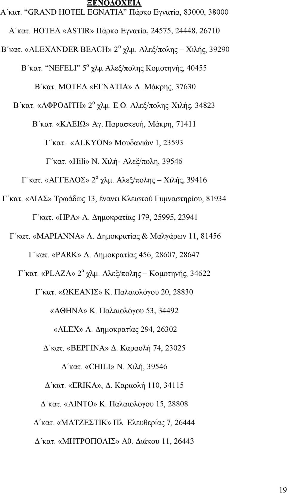 «ALKYON» Μμοδακζχκ 1, 23593 Γ ηαη. «Hili» Ν. Υζθή- Αθελ/πμθδ, 39546 Γ ηαη. «ΑΓΓΔΛΟ» 2 μ πθι. Αθελ/πμθδξ Υζθήξ, 39416 Γ ηαη. «ΓΗΑ» Σνςάδςξ 13, έκακηζ Κθεζζημφ Γοικαζηδνίμο, 81934 Γ ηαη. «ΖΡΑ» Λ.