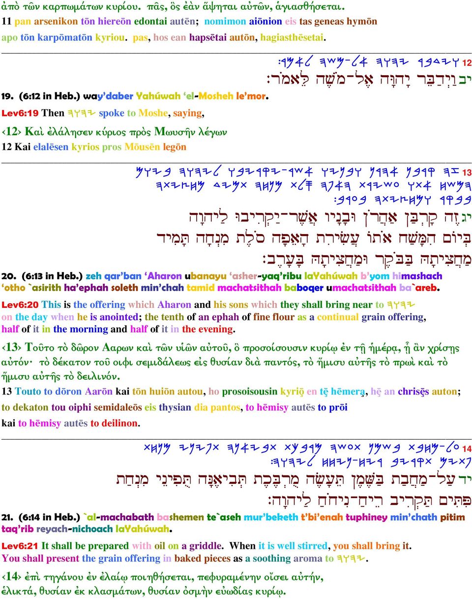 Lev6:19 Then DEDI spoke to Moshe, saying, 12 Καὶ ἐλάλησεν κύριος πρὸς Μωυσῆν λέγων 12 Kai elal sen kyrios pros M us n leg n MEIA DEDIL EAIXWI-XY@ EIPAE OXD@ OAXW DF 13 DZIVGN CINZ DGPN ZLQ DT@D ZXIYR