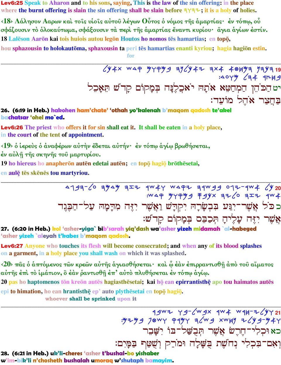 18 Lal son Aar n kai tois huiois autou leg n Houtos ho nomos t s hamartias; en topÿ, hou sphazousin to holokaut ma, sphaxousin ta peri t s hamartias enanti kyriou; hagia hagi n estin.