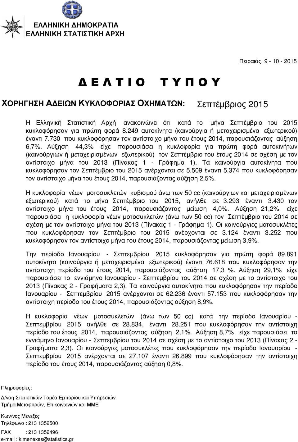 Αύξηση 44,3% είχε παρουσιάσει η κυκλοφορία για πρώτη φορά αυτοκινήτων (καινούργιων ή µεταχειρισµένων εξωτερικού) τoν Σεπτέµβριο του έτους 214 σε σχέση µε τον αντίστοιχο µήνα του 213 (Πίνακας 1 -