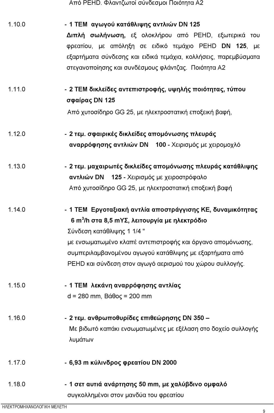 παρεμβύσματα στεγανοποίησης και συνδέσμους φλάντζας. Ποιότητα A2 1.11.0-2 ΤΕΜ δικλείδες αντεπιστροφής, υψηλής ποιότητας, τύπου σφαίρας DN 125 Από χυτοσίδηρο GG 25, με ηλεκτροστατική εποξεική βαφή, 1.