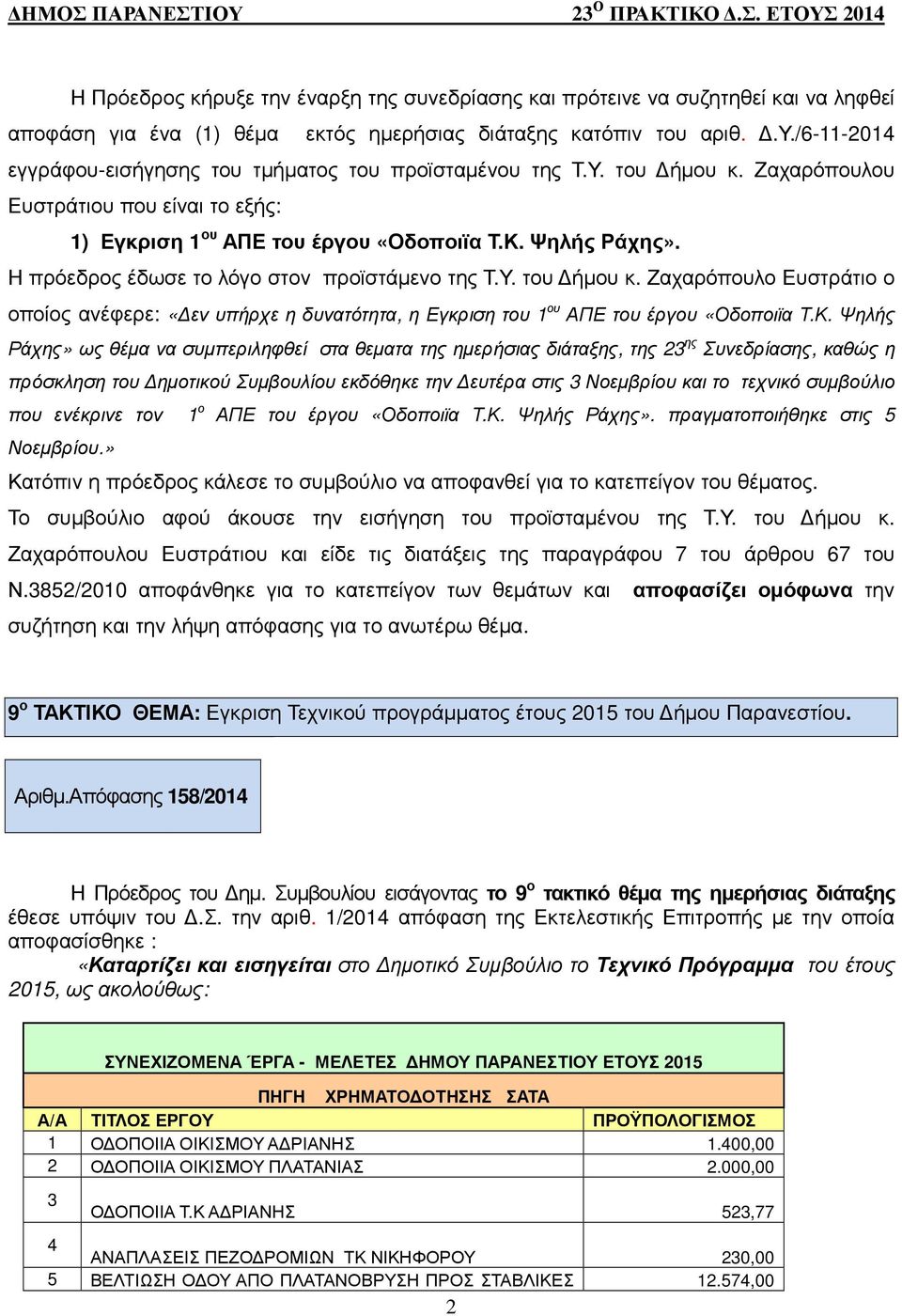 Κ. Ψηλής Ράχης» ως θέµα να συµπεριληφθεί στα θεµατα της ηµερήσιας διάταξης, της ης Συνεδρίασης, καθώς η πρόσκληση του ηµοτικού Συµβουλίου εκδόθηκε την ευτέρα στις Νοεµβρίου και το τεχνικό συµβούλιο