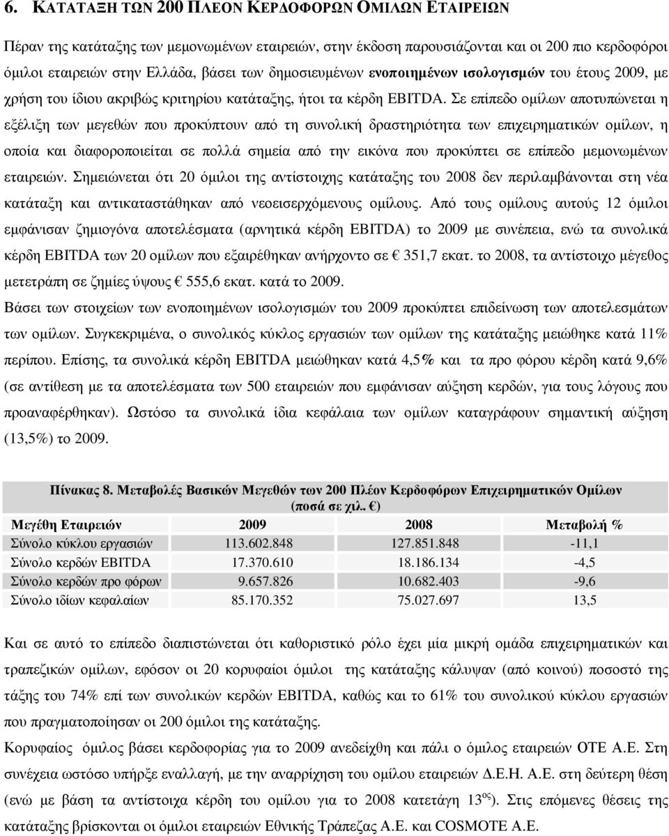 Σε επίπεδο οµίλων αποτυπώνεται η εξέλιξη των µεγεθών που προκύπτουν από τη συνολική δραστηριότητα των επιχειρηµατικών οµίλων, η οποία και διαφοροποιείται σε πολλά σηµεία από την εικόνα που προκύπτει