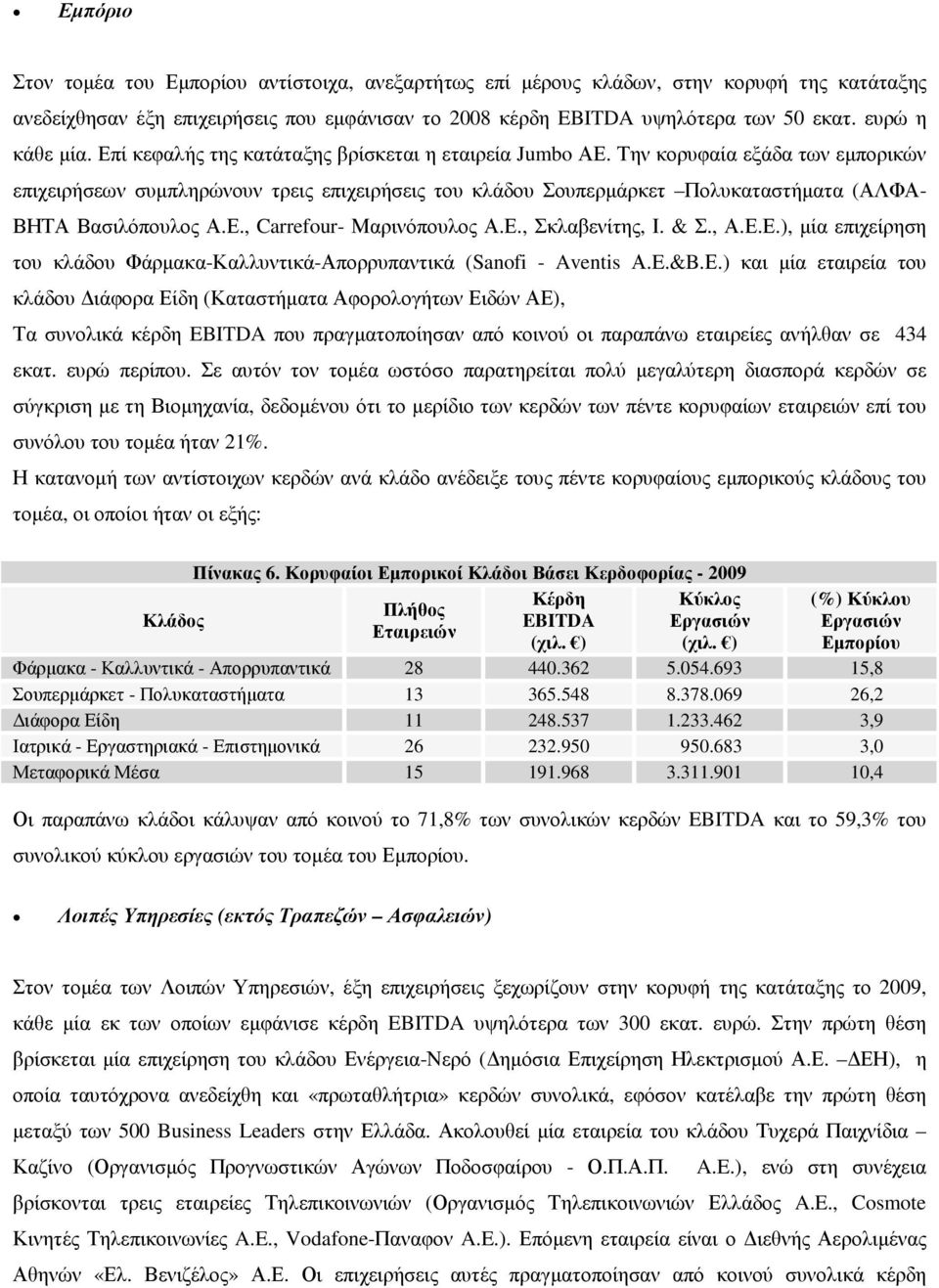 Την κορυφαία εξάδα των εµπορικών επιχειρήσεων συµπληρώνουν τρεις επιχειρήσεις του κλάδου Σουπερµάρκετ Πολυκαταστήµατα (ΑΛΦΑ- ΒΗΤΑ Βασιλόπουλος Α.Ε., Carrefour- Μαρινόπουλος Α.Ε., Σκλαβενίτης, Ι. & Σ.