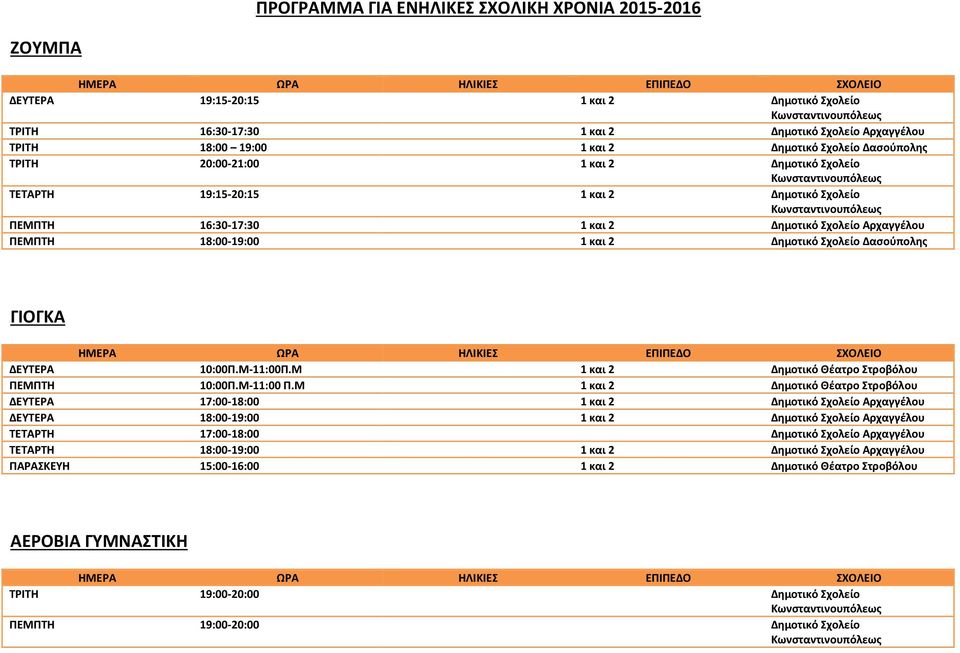 Δασούπολης UΓΙΟΓΚΑ ΔΕΥΤΕΡΑ 10:00Π.Μ-11:00Π.Μ 1 και 2 Δημοτικό Θέατρο ΠΕΜΠΤΗ 10:00Π.Μ-11:00 Π.