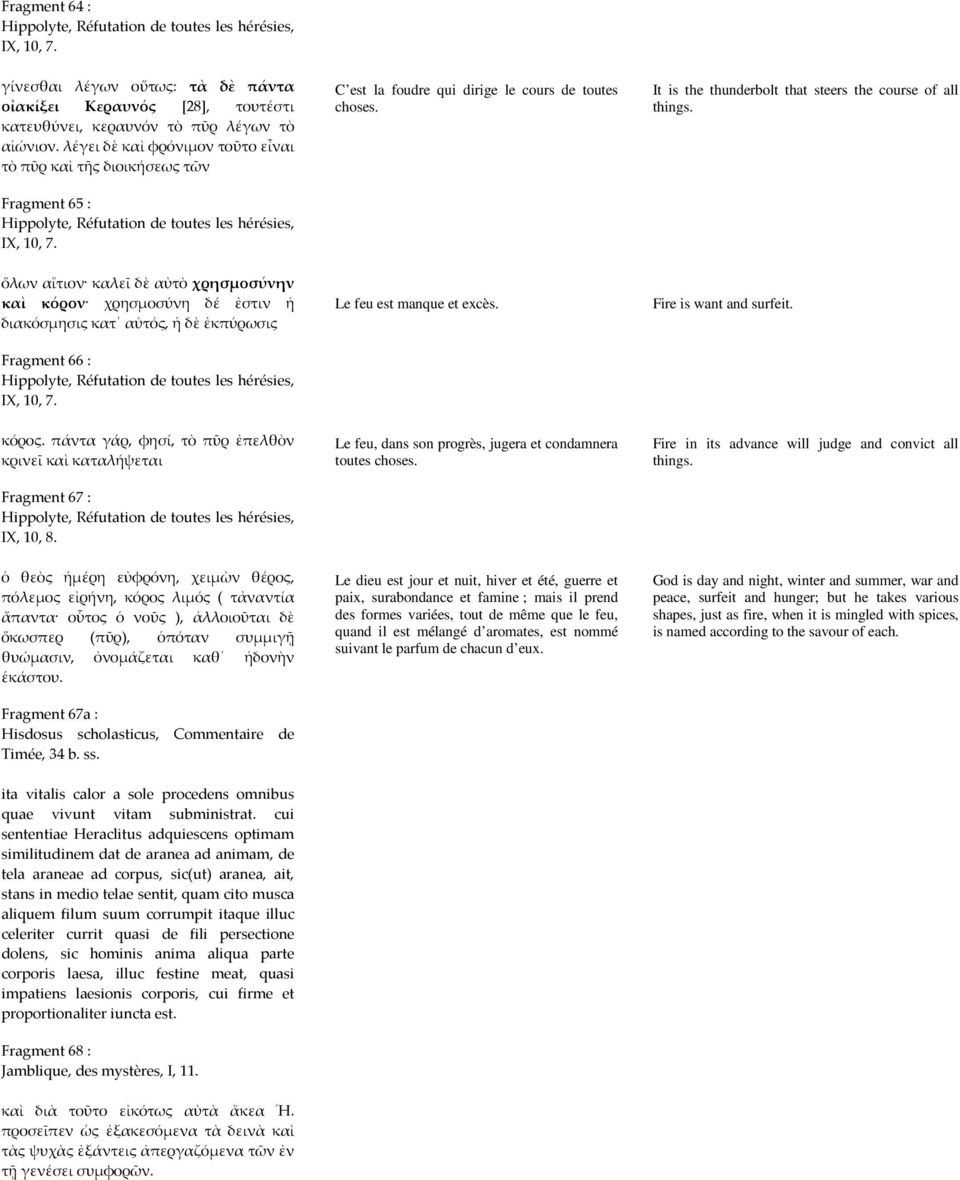 It is the thunderbolt that steers the course of all things. ὅλων αἴτιον καλεῖ δὲ αὐτὸ χρησµοσύνην καὶ κόρον χρησµοσύνη δέ ἐστιν ἡ διακόσµησις κατ αὐτός, ἡ δὲ ἐκπύρωσις Fragment 66 : IX, 10, 7.