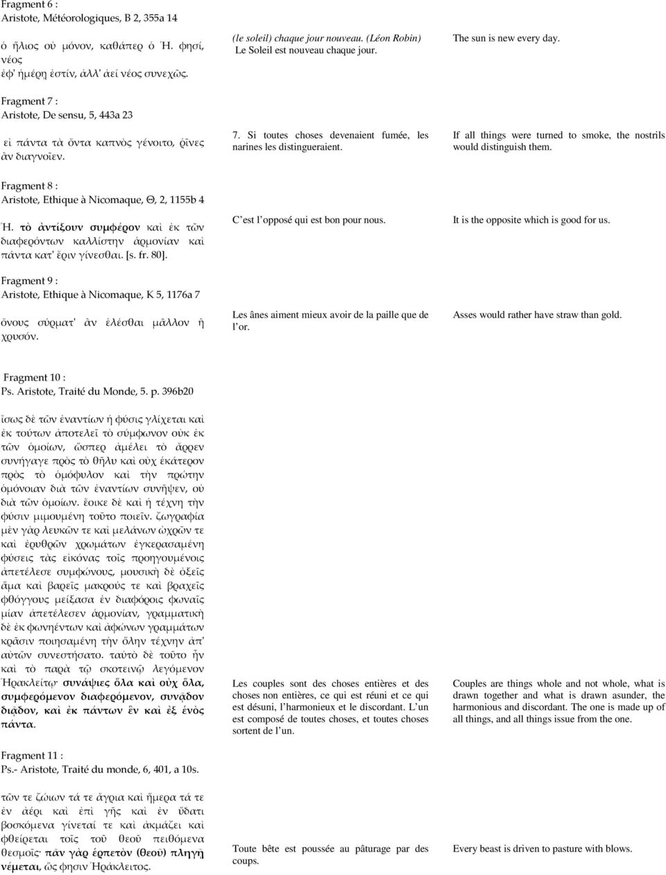 If all things were turned to smoke, the nostrils would distinguish them. Fragment 8 : Aristote, Ethique à Nicomaque, Θ, 2, 1155b 4 Ἡ.