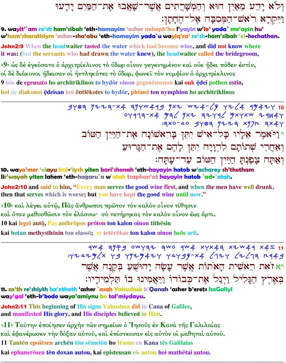 John2:9 When the headwaiter tasted the water which had become wine, and did not know where it was: (but the servants who had drawn the water knew), the headwaiter called the bridegroom, 9 ὡς δὲ