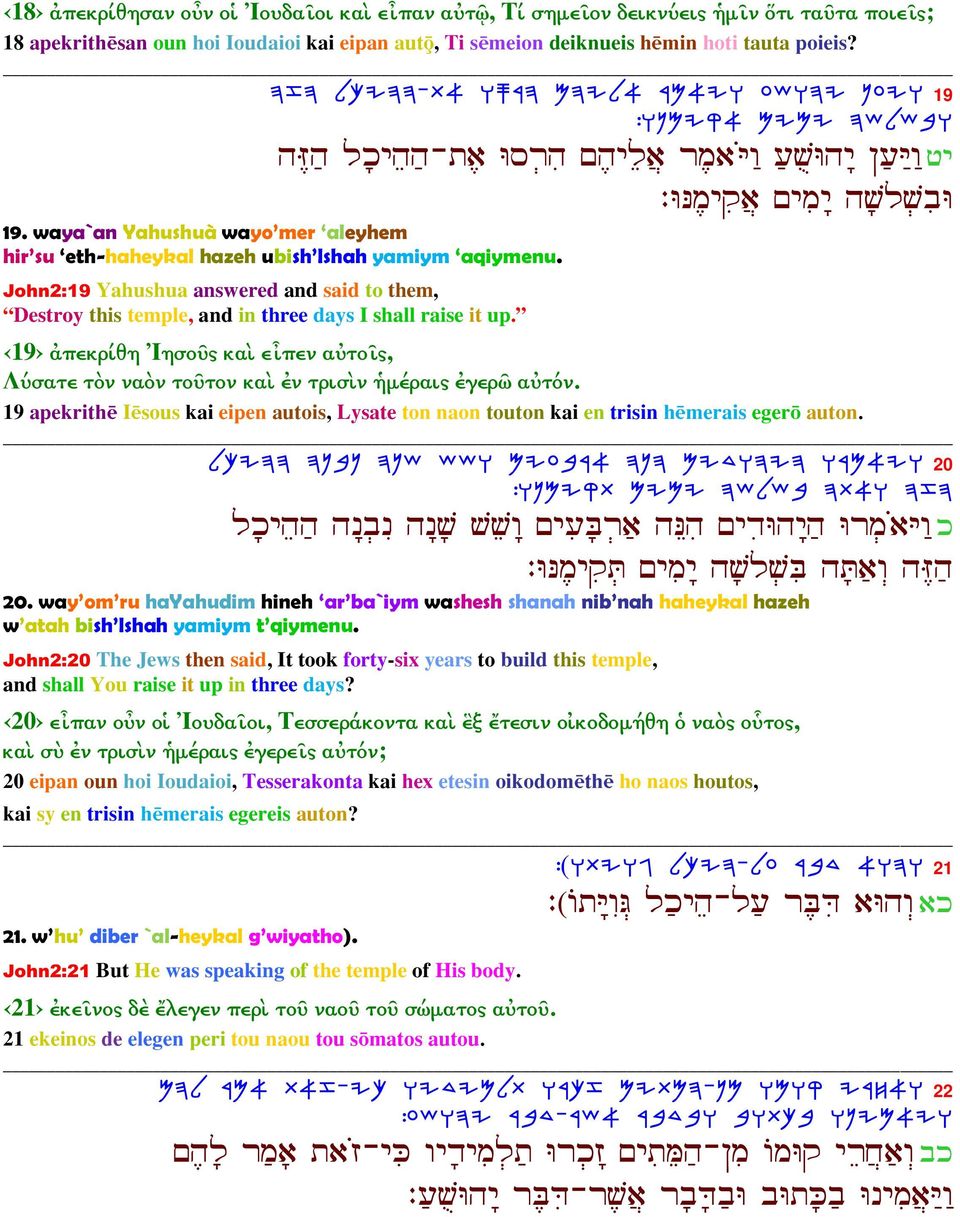 waya`an Yahushuà wayo mer aleyhem hir su eth-haheykal hazeh ubish lshah yamiym aqiymenu. John2:19 Yahushua answered and said to them, Destroy this temple, and in three days I shall raise it up.