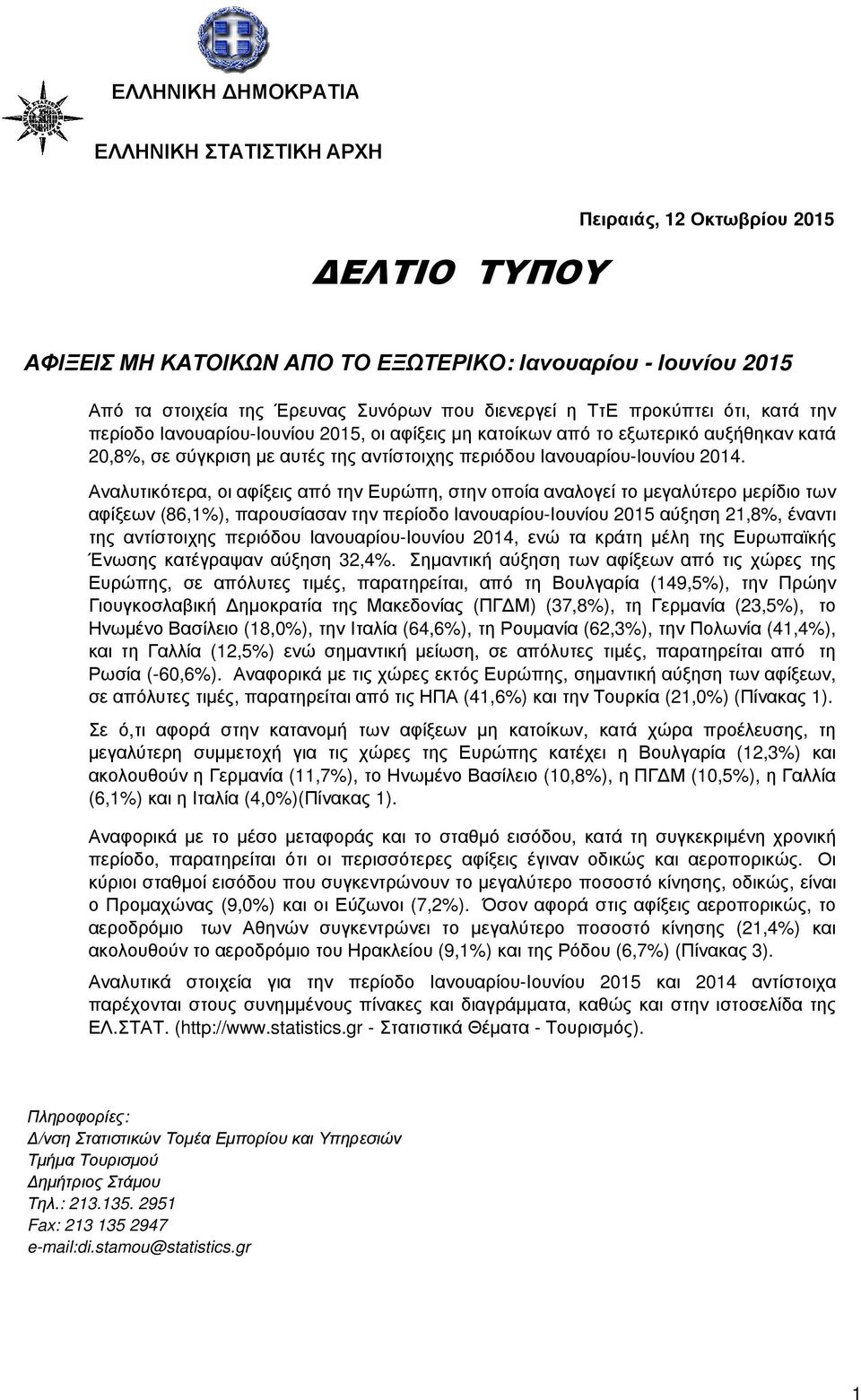 Αναλυτικότερα, οι αφίξεις από την Ευρώπη, στην οποία αναλογεί το µεγαλύτερο µερίδιο των αφίξεων (86,1%), παρουσίασαν την περίοδο Ιανουαρίου-Ιουνίου 2015 αύξηση 21,8%, έναντι της αντίστοιχης περιόδου