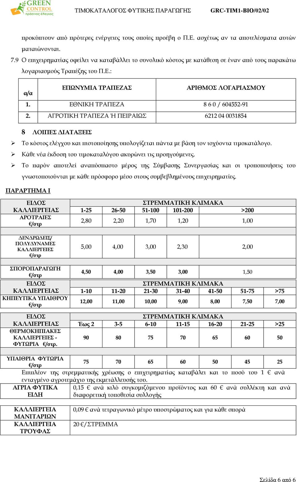 ΕΘΝΙΚΗ ΤΡΑΠΕΖΑ 8 6 0 / 604552-91 2. ΑΓΡΟΤΙΚΗ ΤΡΑΠΕΖΑ Ή ΠΕΙΡΑΙΩΣ 6212 04 0031854 8 ΛΟΙΠΕΣ ΔΙΑΤΑΞΕΙΣ Το κόστος ελέγχου και πιστοποίησης υπολογίζεται πάντα με βάση τον ισχύοντα τιμοκατάλογο.