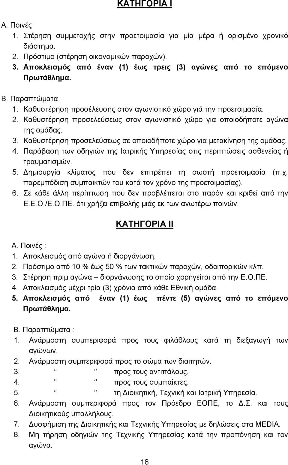 Καθυστέρηση προσελεύσεως στον αγωνιστικό χώρο για οποιοδήποτε αγώνα της ομάδας. 3. Καθυστέρηση προσελεύσεως σε οποιοδήποτε χώρο για μετακίνηση της ομάδας. 4.