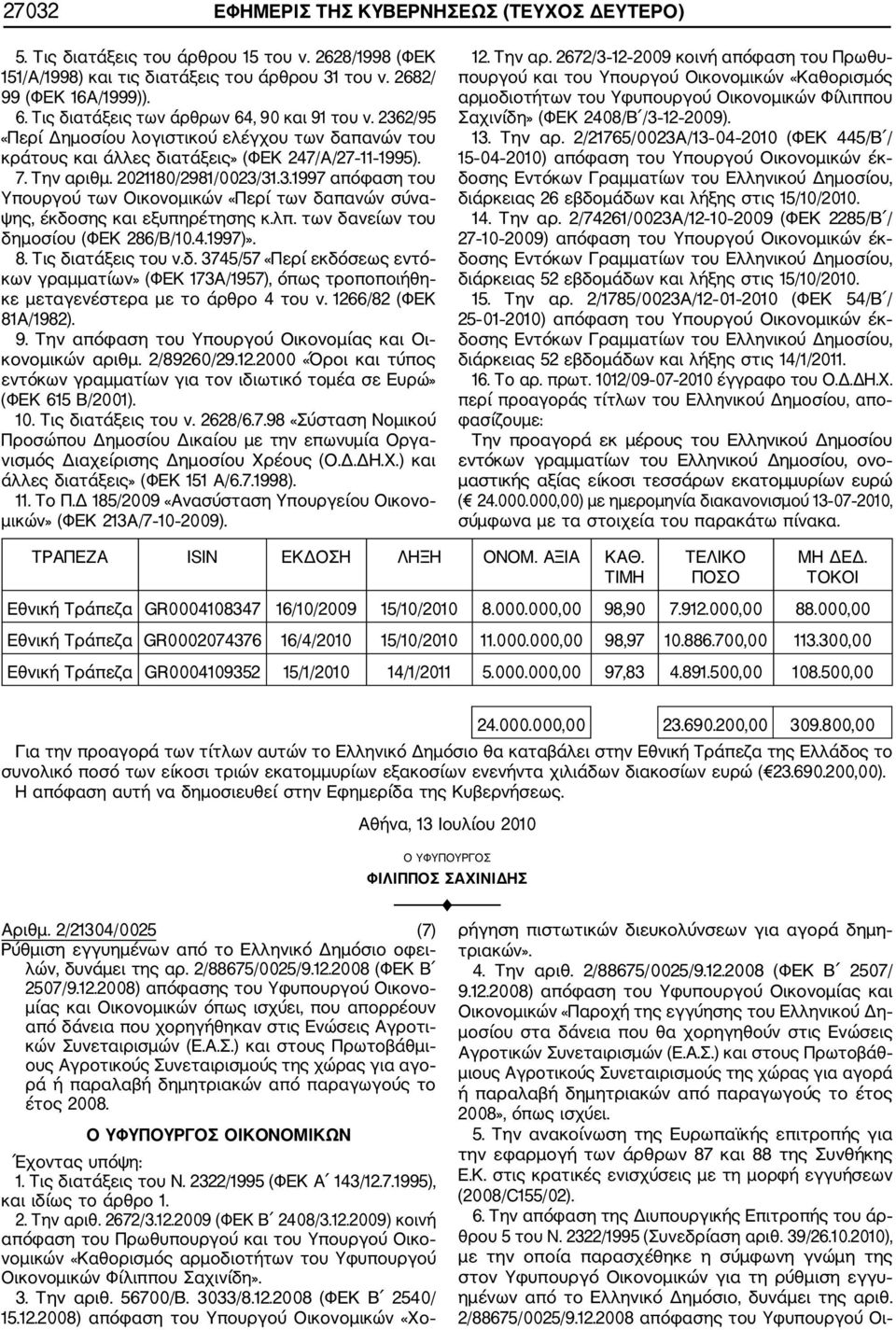 λπ. των δανείων του δημοσίου (ΦΕΚ 286/Β/10.4.1997)». 8. Τις διατάξεις του ν.δ. 3745/57 «Περί εκδόσεως εντό κων γραμματίων» (ΦΕΚ 173Α/1957), όπως τροποποιήθη κε μεταγενέστερα με το άρθρο 4 του ν.