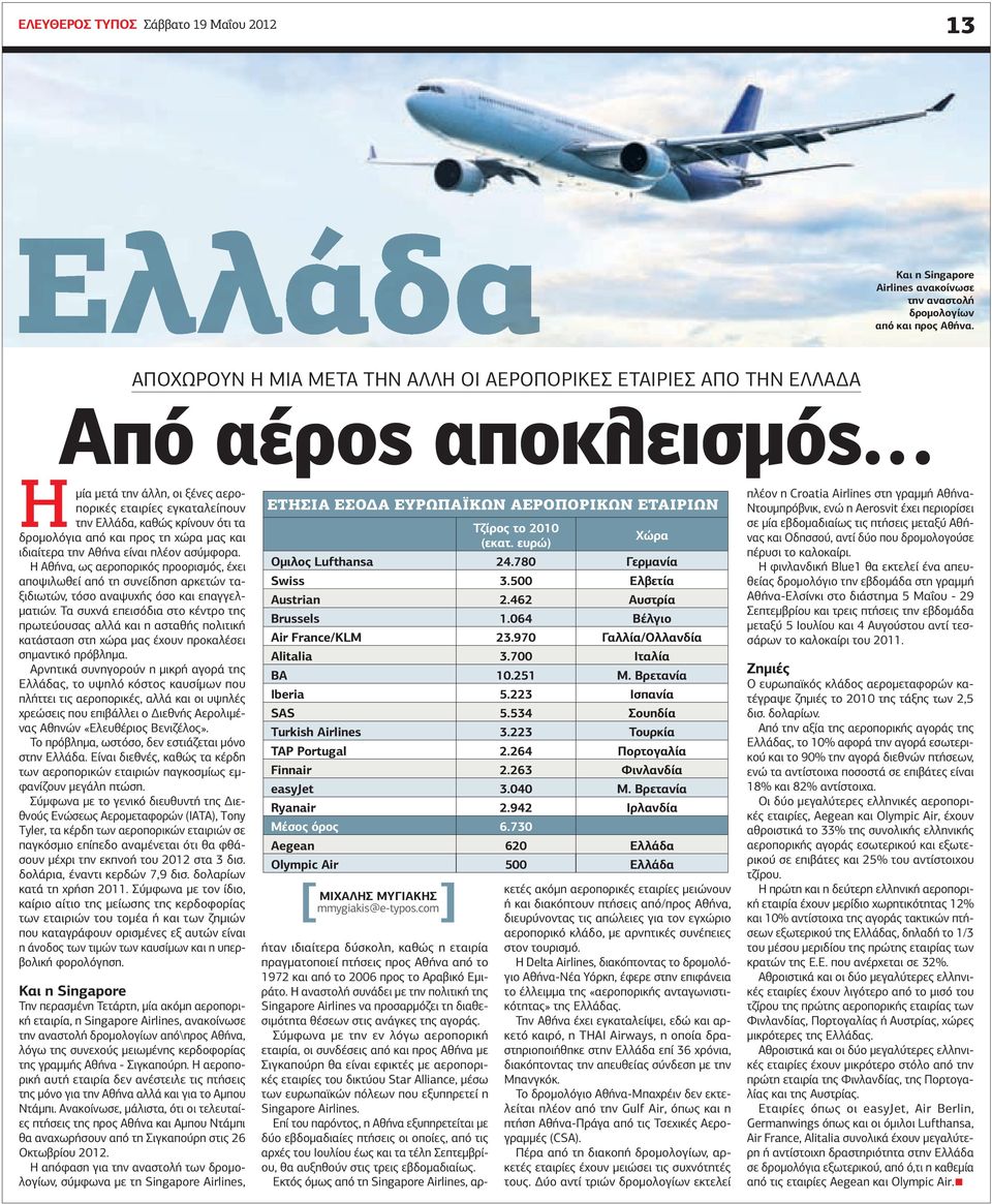 από και προς τη χώρα µας και ιδιαίτερα την Αθήνα είναι πλέον ασύµφορα. Η Αθήνα, ως αεροπορικός προορισµός, έχει αποψιλωθεί από τη συνείδηση αρκετών ταξιδιωτών, τόσο αναψυχής όσο και επαγγελ- µατιών.